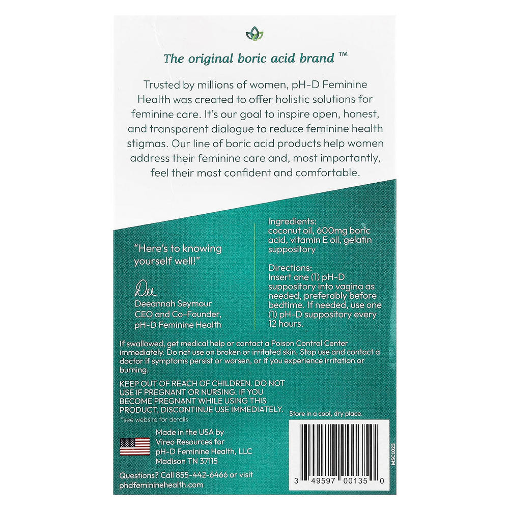 pH-D Feminine Health, борная кислота, вагинальные свечи, 600 мг, 14 шт.