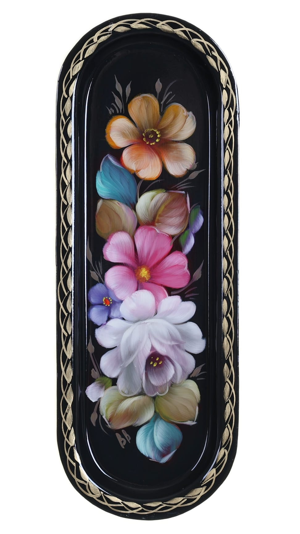 Жостовский поднос декоративный, размер 21х8 см (A4), металлический