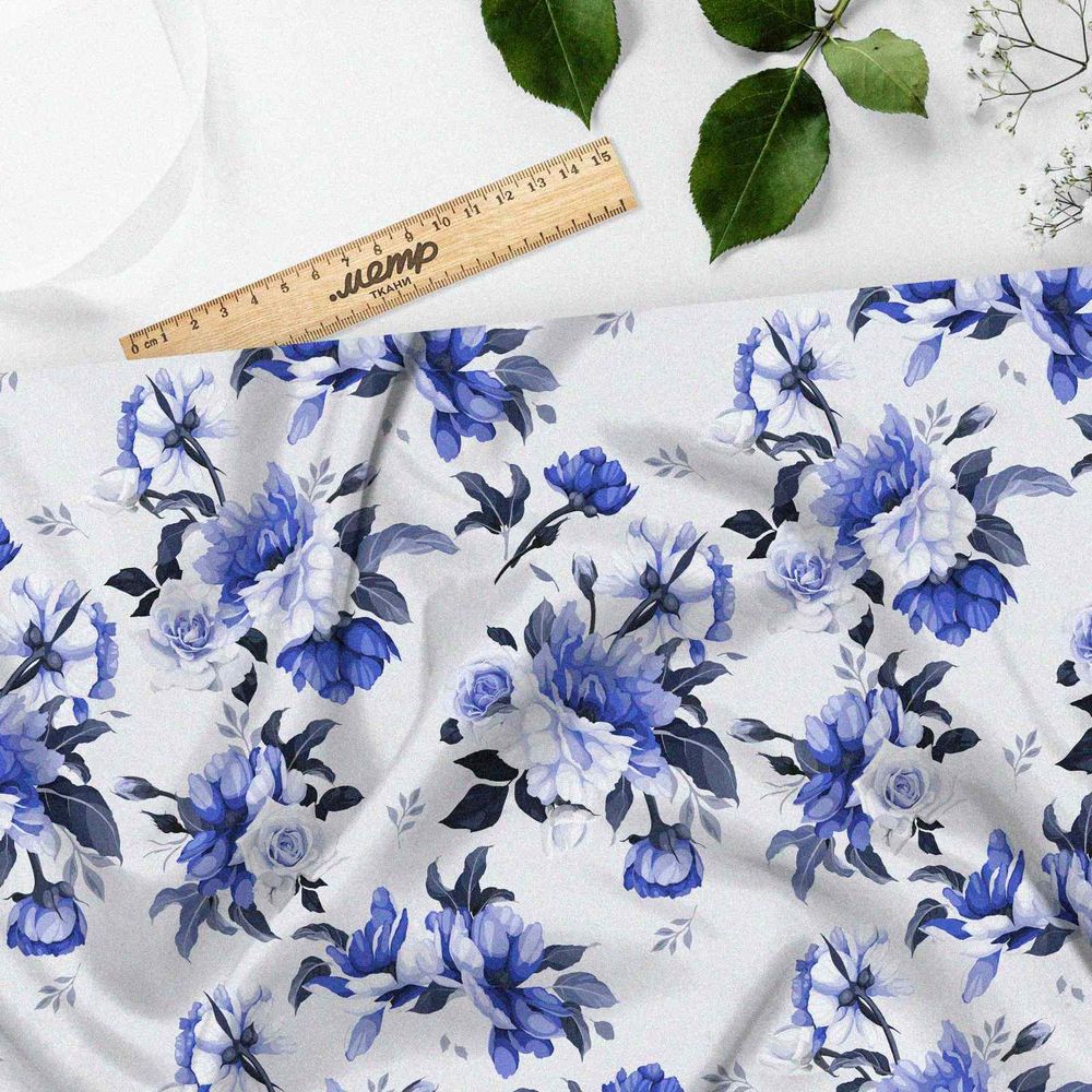 Ткань интерлок голубые цветочки