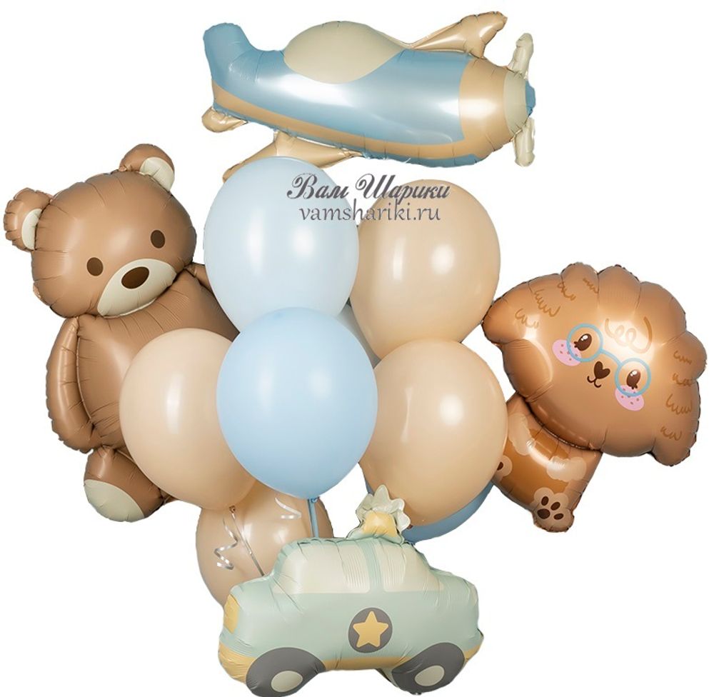 Набор нежных шаров с гелием с детскими игрушками в подарок на выписку из роддома