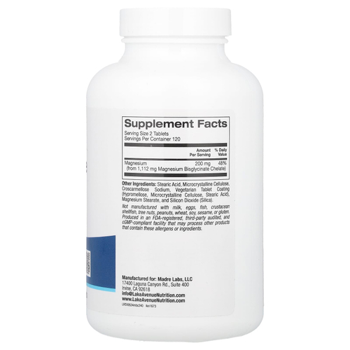 Lake Avenue Nutrition, хелат бисглицината магния с TRAACS®, 200 мг, 240 таблеток (100 мг в 1 таблетке)