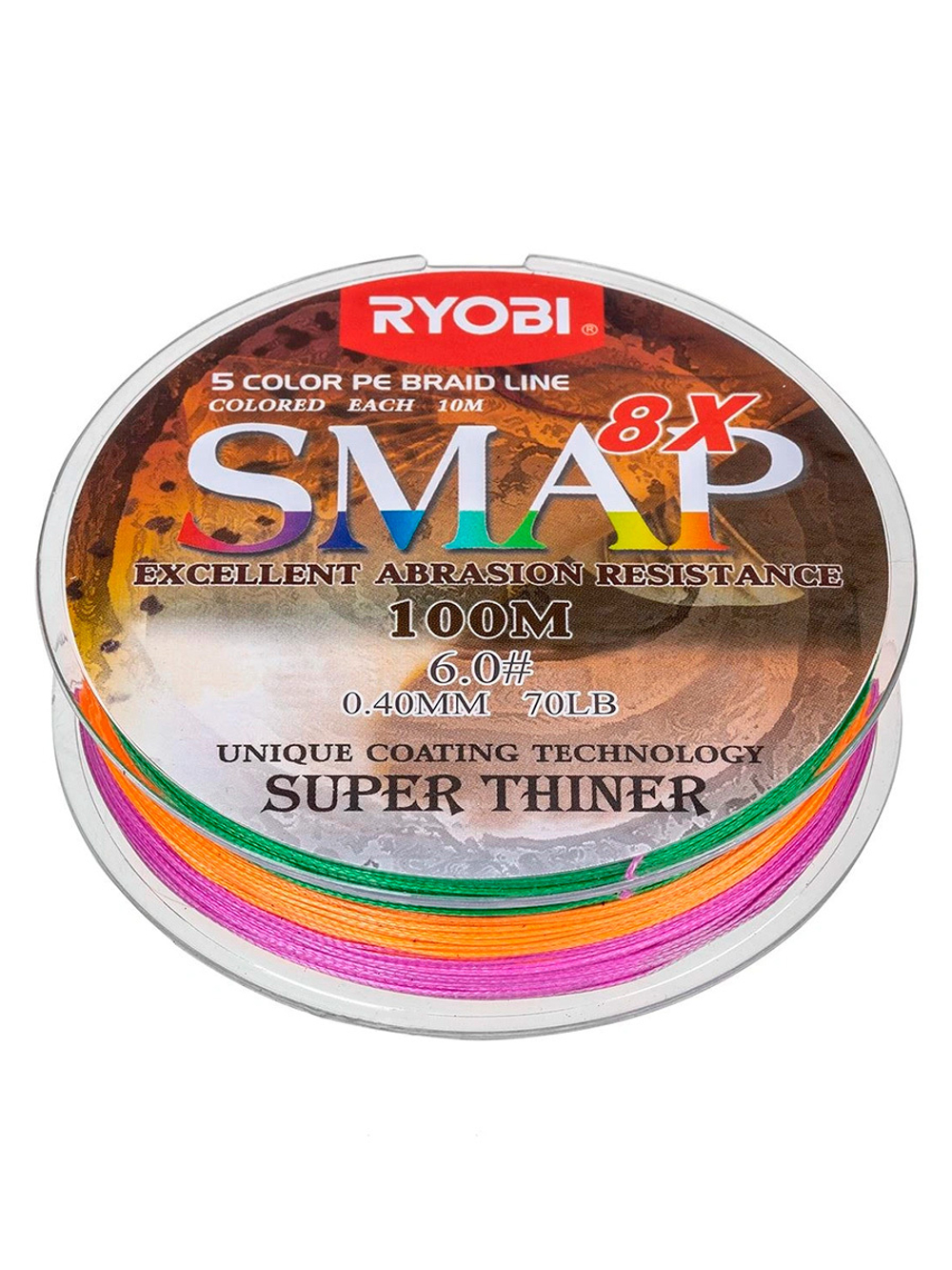 Шнур плетеный для рыбалки Ryobi SMAP PE8X-100M Multi Colour 6.0# 0,405мм