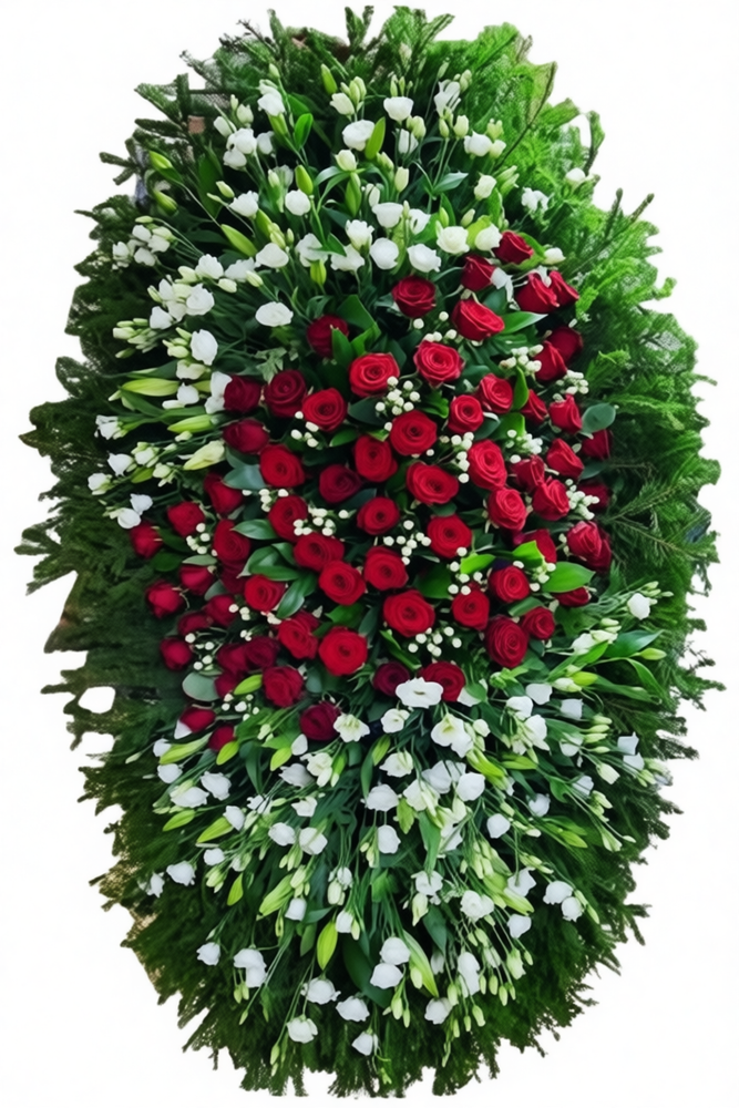 Траурный венок из живых красных роз, белых эустом и натуральной хвои Траурный венок из живых красных роз, белых эустом и натуральной хвои