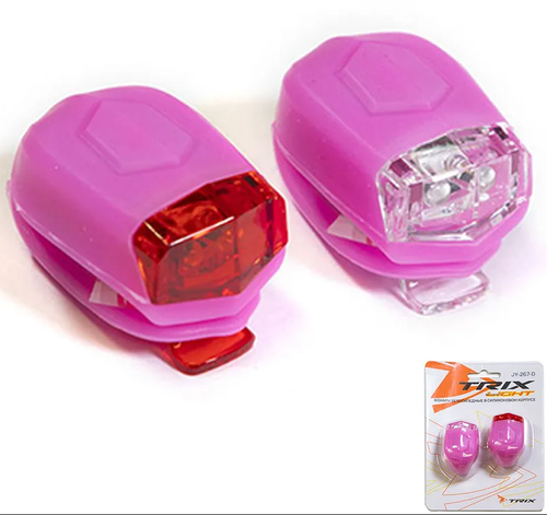 Фонари TRIX передний/задний, 2 суперъярких диода, 3 режима, крепеж на руль/подседельный штырь, батарейки в комплекте, силикон, розов. (10/100)