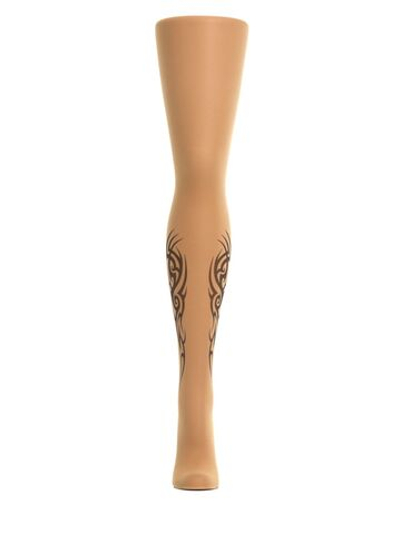 Колготки с принтом, имитирующим татуировки на правой ножке (Размер: S-M-L) (Цвет: бежевый)