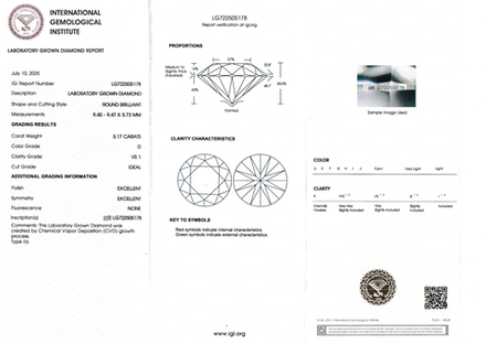 Лабораторно-выращенный бриллиант Кр-57 9.45-9.47 мм D/VS1 3.17 ct