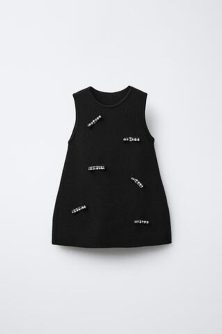 ZARA ТРИКОТАЖНОЕ ПЛАТЬЕ С БАНТАМИ В КЛЕТКУ ВИШИ, ЧЕРНЫЙ