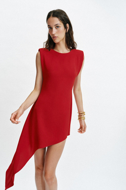 ZARA КОРОТКОЕ АСИММЕТРИЧНОЕ ПЛАТЬЕ С ПОДПЛЕЧНИКАМИ, КРАСНЫЙ