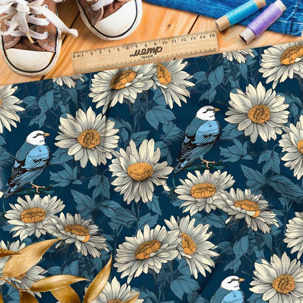 Ткань премиум мембрана птицы в ромашках