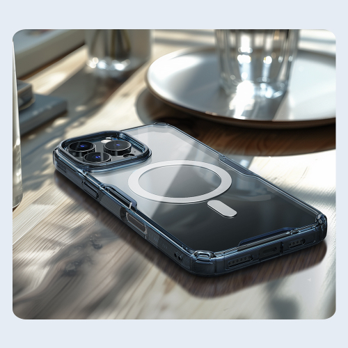 Прозрачный чехол с мягкими синими рамками от Nillkin с поддержкой магнитной зарядки MagSafe для iPhone 16 Pro, серия Nature TPU Pro Magnetic Case