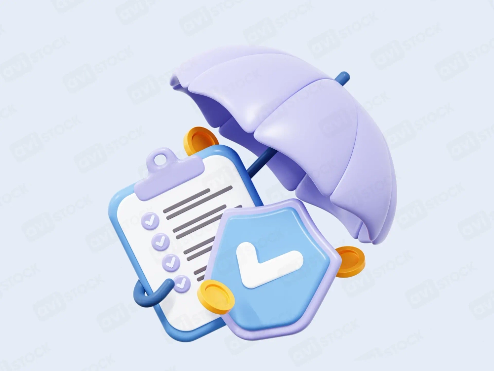 3D umbrella with shield check mark checklist and gold coins symbol of insurance pension and savings protection PNG