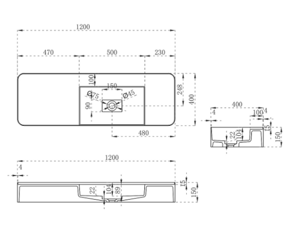 Раковина из искусственного камня Vincea VWB-6S412MW, 1200*400*150, подвесная, цвет белый матовый, , шт