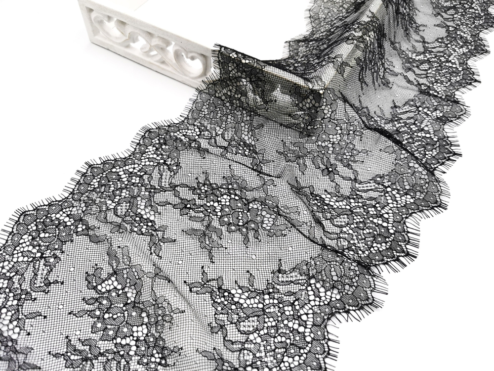 Кружево шантильи, с ресничками, черное, 23 см, купон, SK-2401, купон (3м)