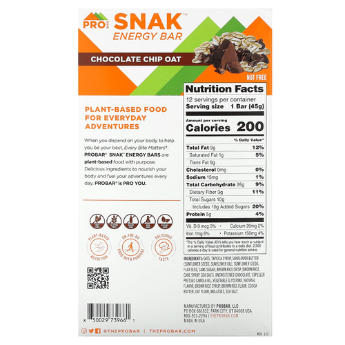 ProBar, SNAK™, энергетический батончик, овсяные хлопья с шоколадной крошкой, 12 батончиков по 45 г (1,6 унции)
