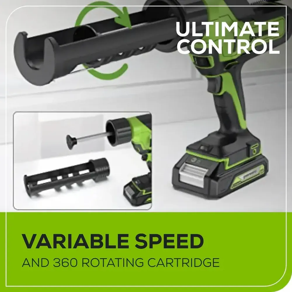 Пистолет для герметиков акк. Greenworks G24CAU, 24V, макс 310 мл, 1400–2900Н,1-10 мм/с, c 1хАКБ 2Ач и ЗУ (3501707UA)