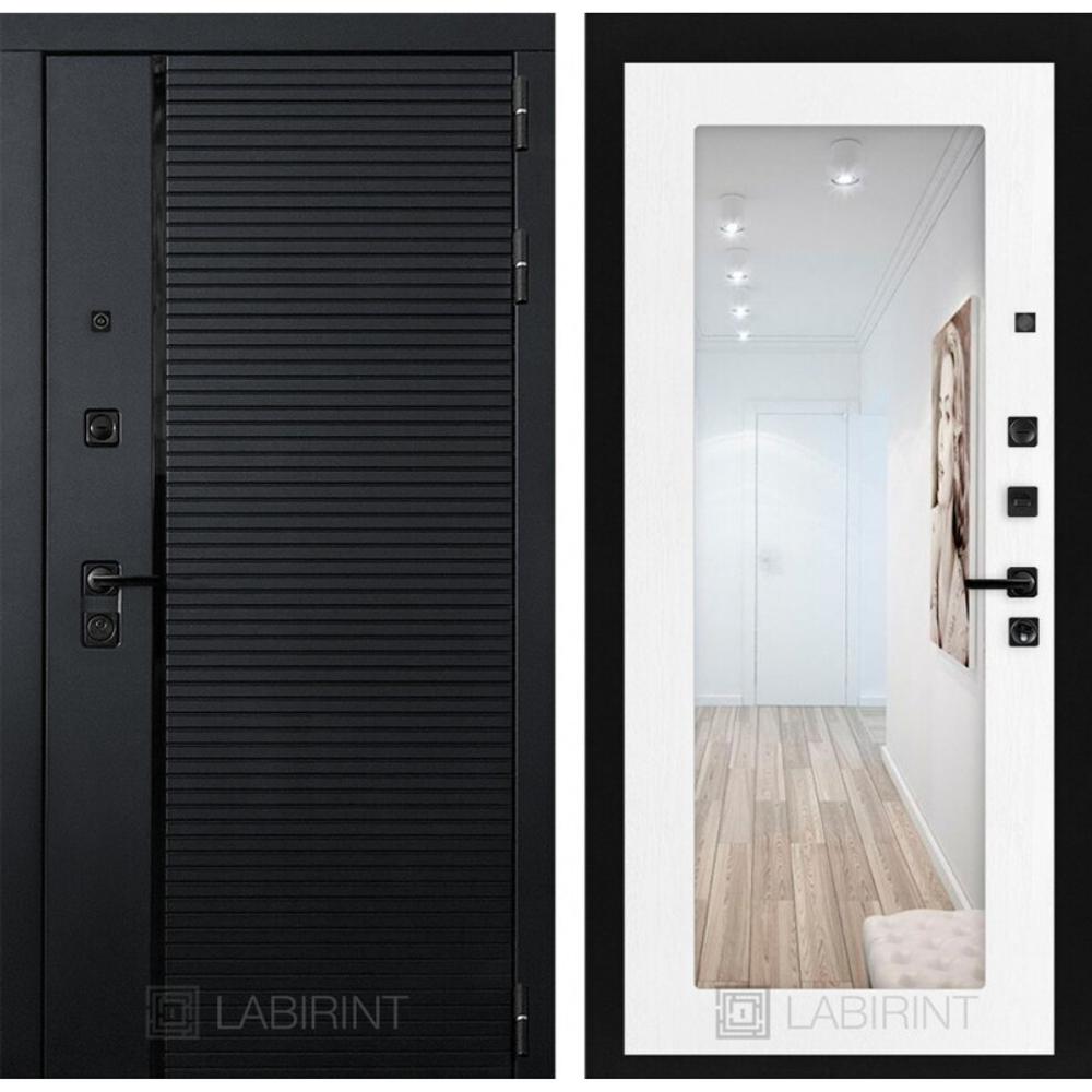 Дверь входная Лабиринт ПИАНО 18 Белое дерево  ЧЕРНАЯ ФУРНИТУРА металлическая