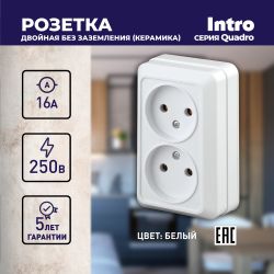 Розетка Intro Quadro 2-203-01 двойная без заземления 2х2P, 16А-250В, IP20, ОУ, Quadro, белый