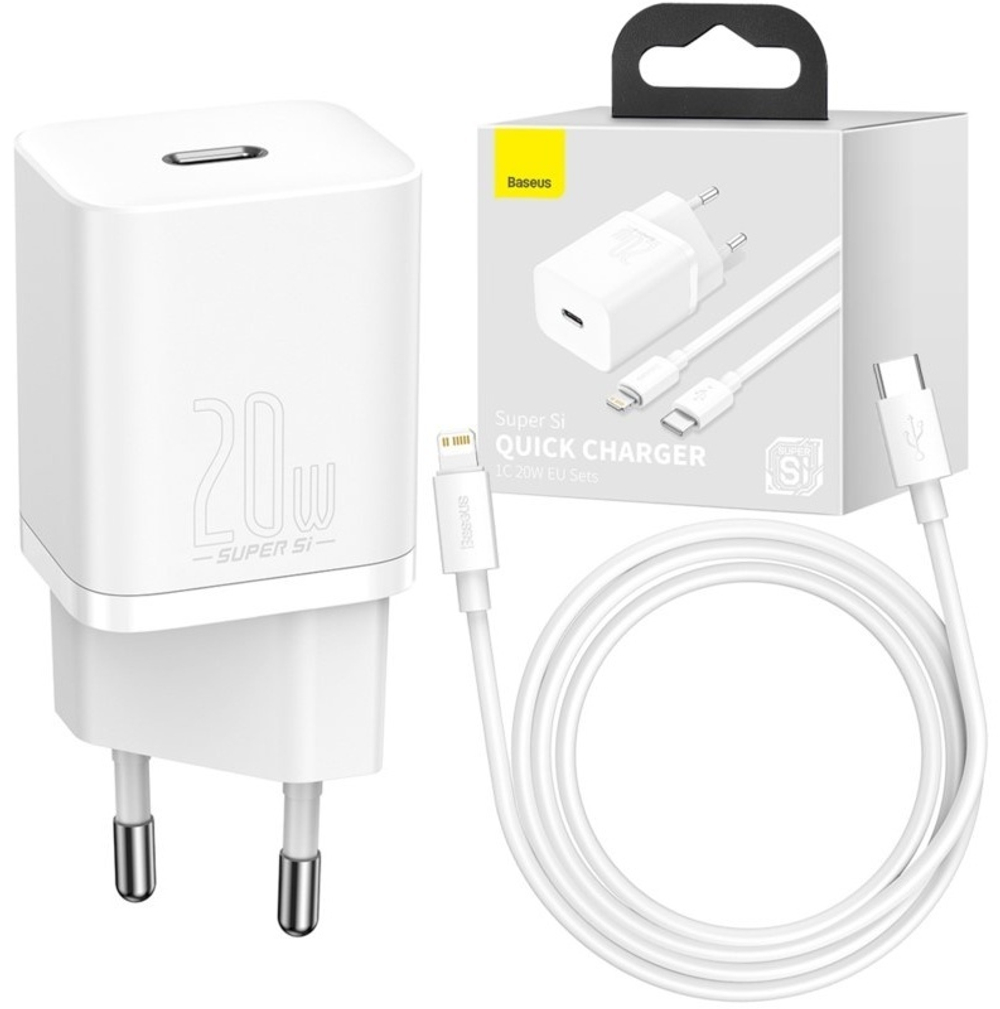 КОМПЛЕКТ СЗУ BASEUS SUPER SI TZCCSUP-B02 3A 20W TYPE-C ПОРТ С КАБЕЛЕМ TYPE-C-LIGHTNING, БЕЛЫЙ