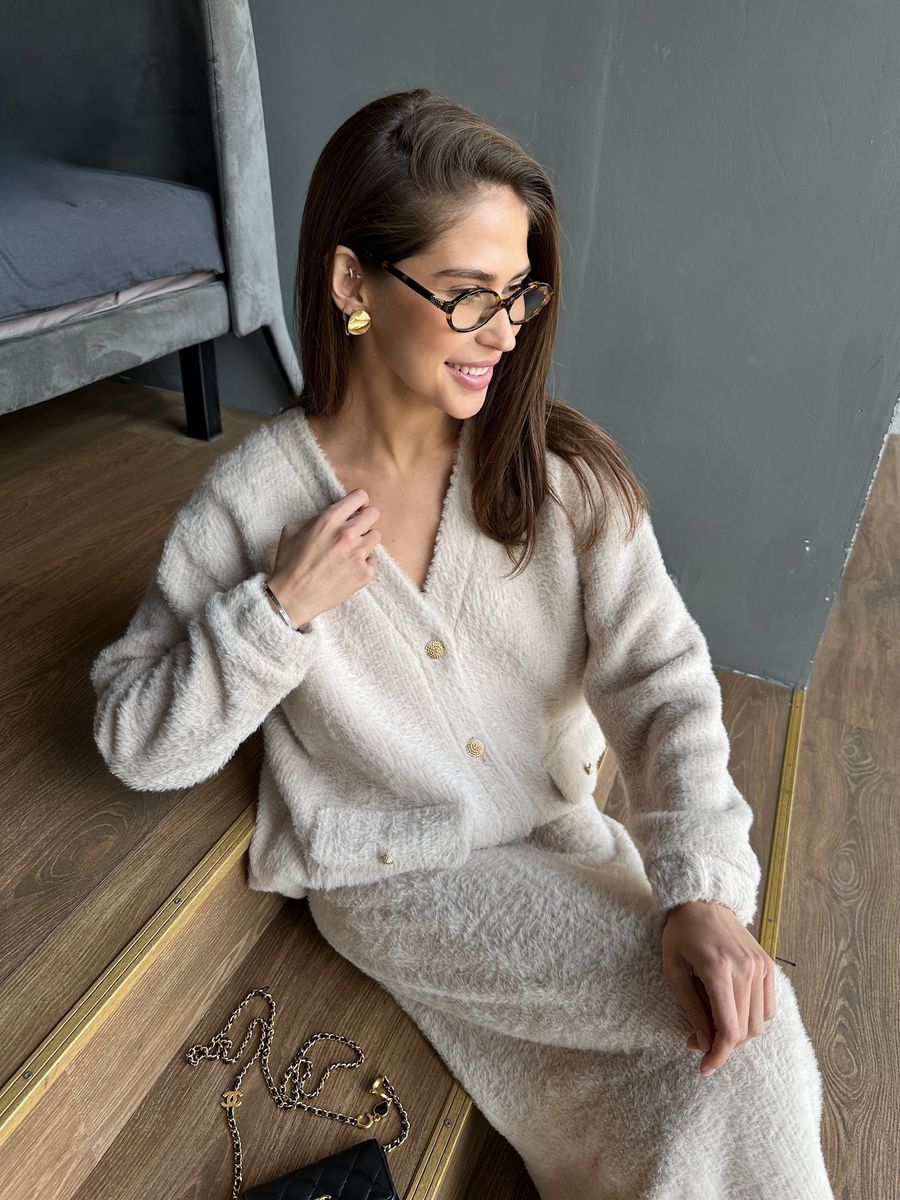 Кардиган из трикотажа с ворсом удлиненный кремовый