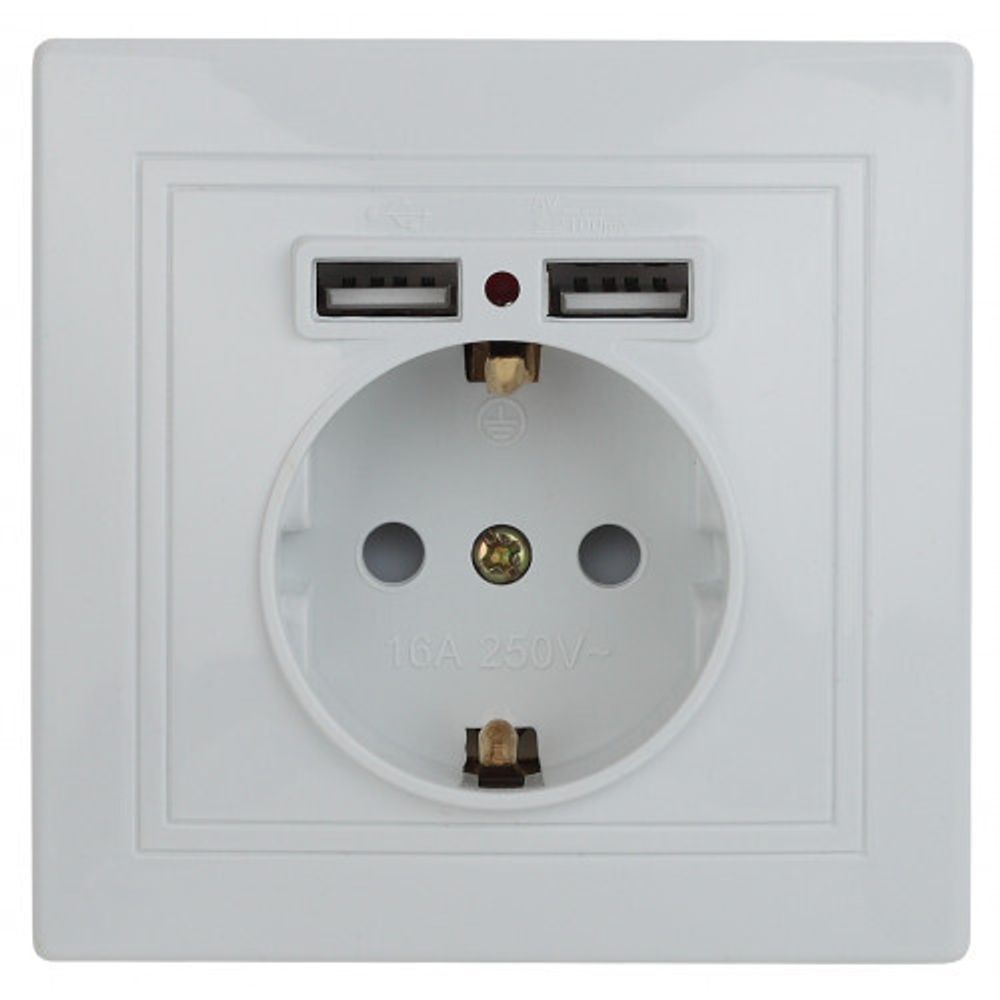 Розетка Intro Plano 1-410-01 с заземлением 2P+E Schuko со шторками, 16А-250В + 2хUSB 5В-2,1А, IP20, СУ, белый | Intro Plano