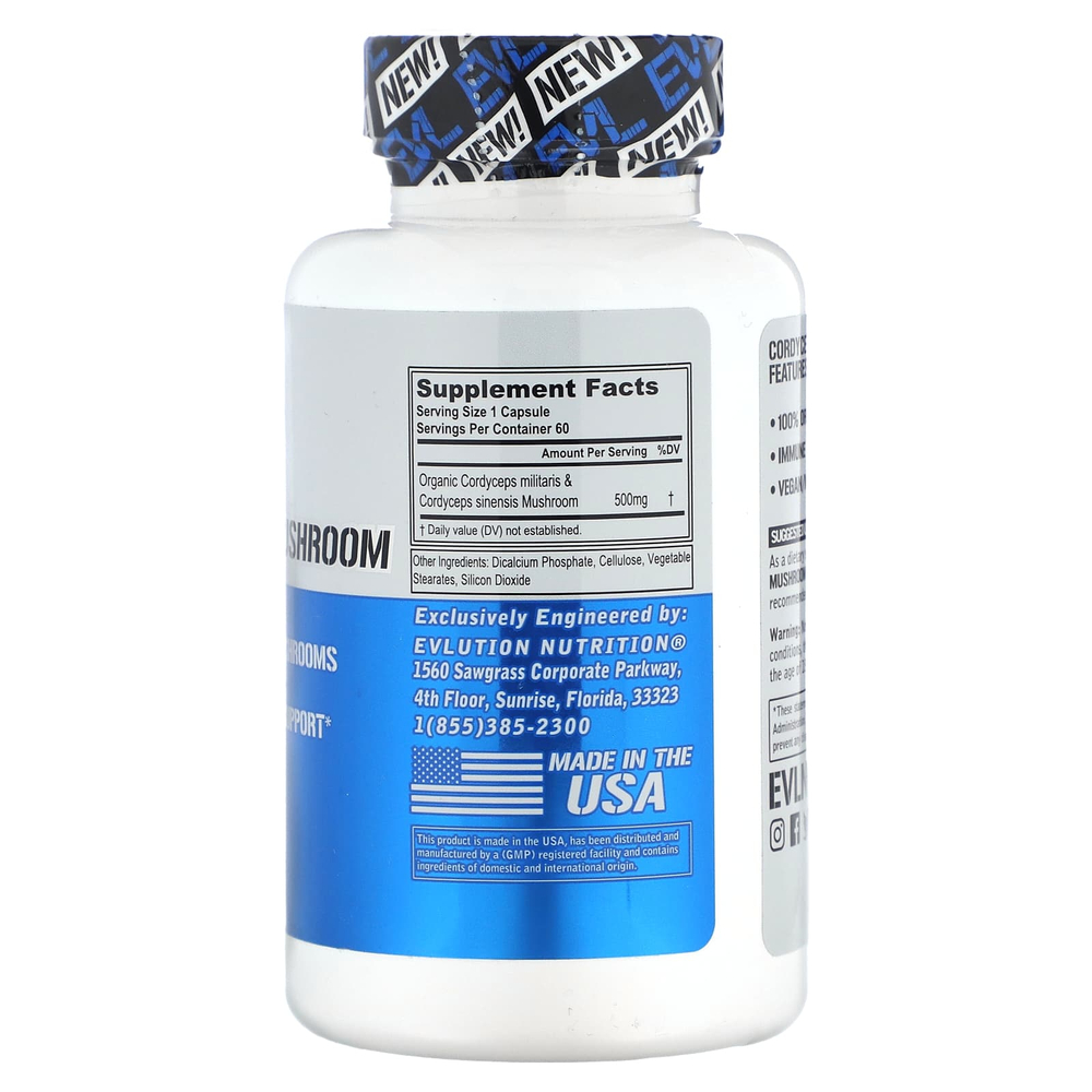 EVLution Nutrition, Кордицепс, гриб, 500 мг, 60 растительных капсул