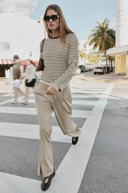 ZARA БРЮКИ С ШИРОКИМИ ШТАНИНАМИ И ДВОЙНЫМ ПОЯСОМ, ПЕСОЧНЫЙ