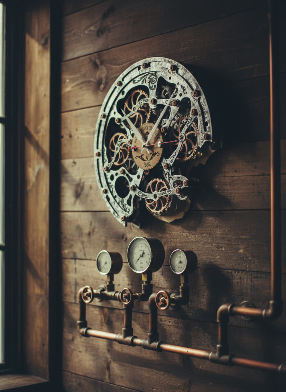 Часы на кирпичной стене над винтажной раковиной — индустриальный стиль, сочетание металла и кирпича, эффект старинной мастерской.