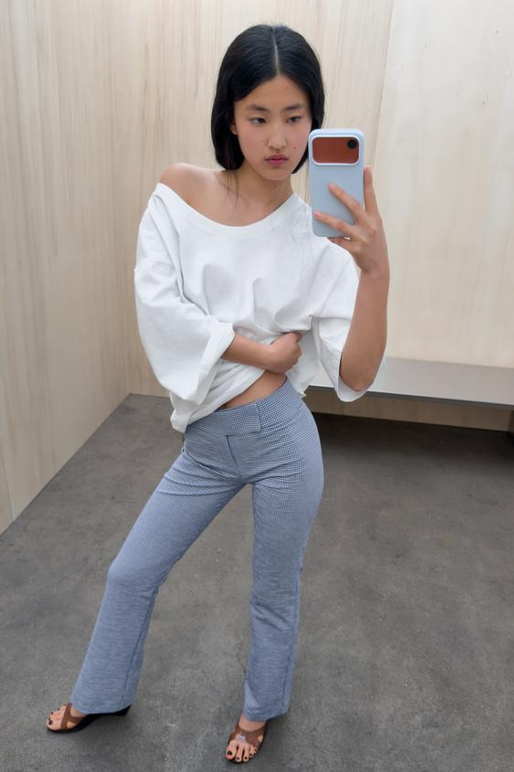 ZARA БРЮКИ FLARE В КЛЕТКУ ВИШИ, ТЕМНО-СИНИЙ/БЕЛЫЙ