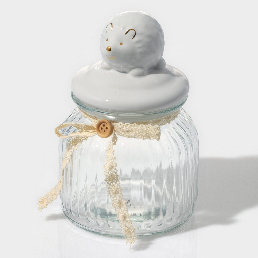 Банка стеклянная для сыпучих продуктов с керамической крышкой Ёжик в золотом, 600 мл