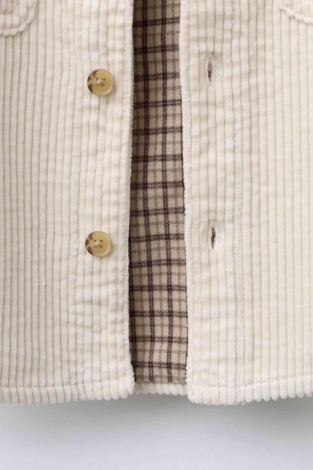 ZARA ВЕЛЬВЕТОВАЯ КУРТКА-РУБАШКА С КЛЕТЧАТОЙ ПОДКЛАДКОЙ, ЭКРЮ