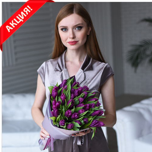 Купить Букет 35 пурпурных тюльпанов «Таинство»