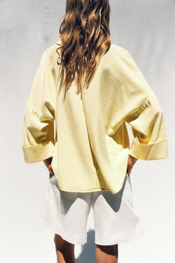 ZARA РУБАШКА ИЗ СМЕСОВОГО ЛЬНА С ШИРОКИМИ РУКАВАМИ, ЖЕЛТЫЙ