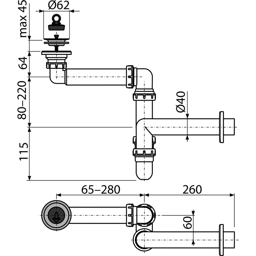 Сифон для умывальника 1 1/2*40  прямоточ. смещенный A413/AG210511100 Alcadrain