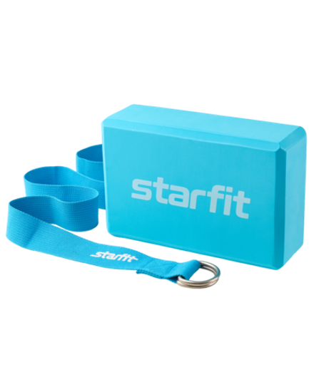 Блок и ремень для йоги, комплект YB-205, синий пастель