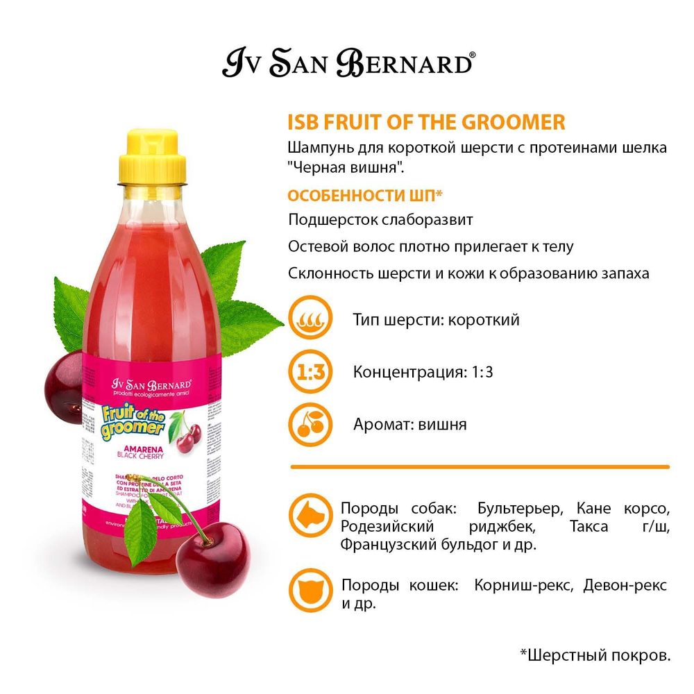 ISB Fruit of the Groomer Black Cherry Шампунь для короткой шерсти с протеинами шелка 1 л