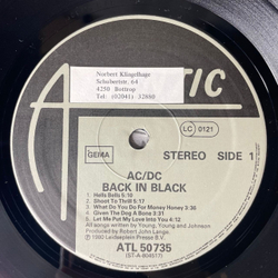 Винтажная виниловая пластинка LP AC DC Back In Black (Германия 1980) Hells Bells