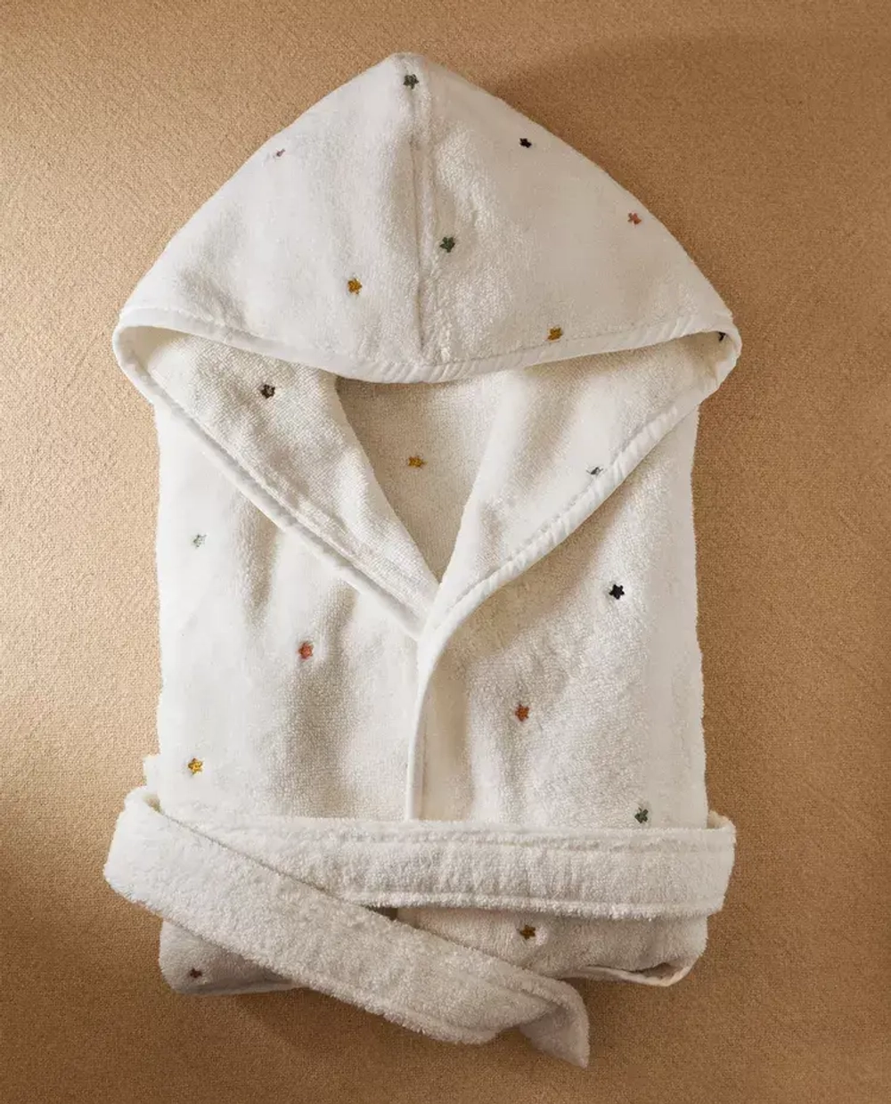 ZARA HOME ДЕТСКИЙ БАННЫЙ ХАЛАТ С ПРИНТОМ «ЗВЕЗДЫ», ЖЕЛТОВАТО-БЕЛЫЙ