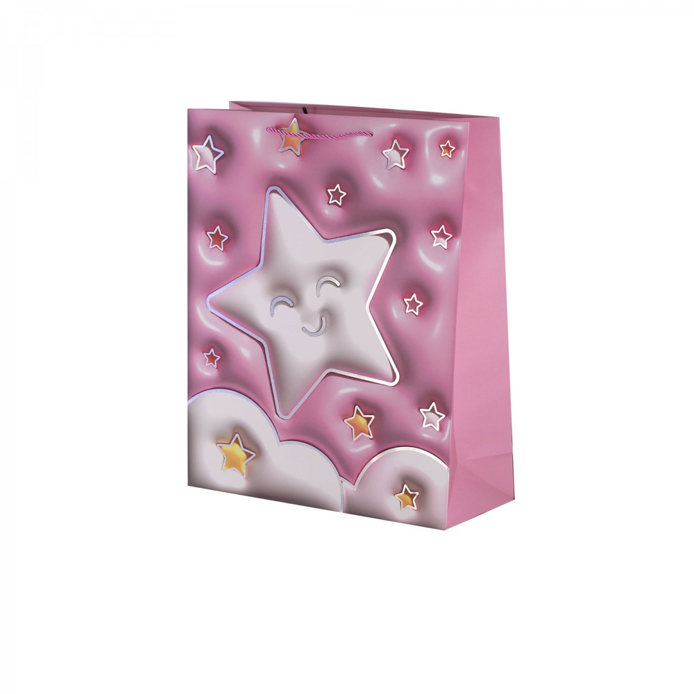 Пакет подарочный бумажный Alingar, (М) 18х23х10 см, вертикальный, "Радуга и облачка", мат. ламинация, тиснение голография, эфффект 3D, ассорти