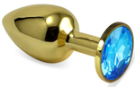 Золотистая анальная пробка с голубым кристаллом - 8,5 см. (Цвет: голубой)