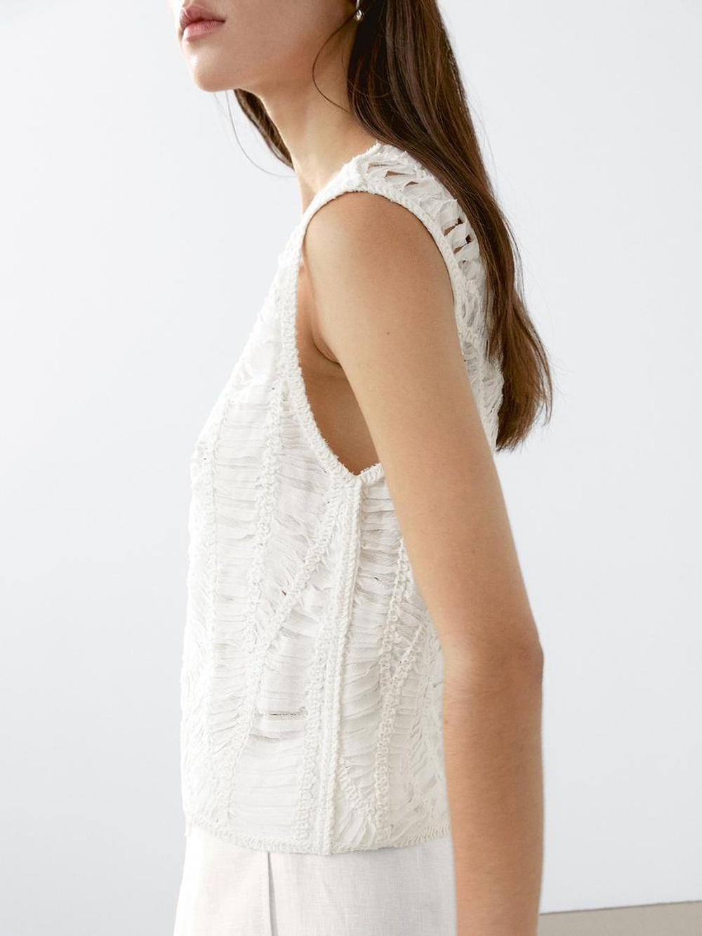 Massimo Dutti Топ из кружева кроше ажурной вязки с цветочным принтом, кремовый