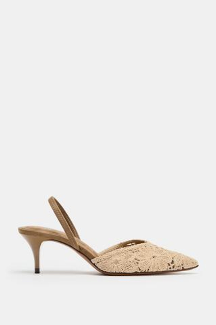 ZARA ТУФЛИ НА КАБЛУКЕ С ВЫШИВКОЙ, ЭКРЮ