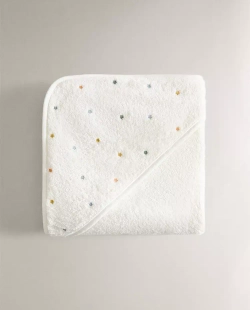 ZARA HOME ДЕТСКОЕ ПОЛОТЕНЦЕ С КАПЮШОНОМ И ВЫШИВКОЙ «ЗВЕЗДОЧКИ», ЖЕЛТОВАТО-БЕЛЫЙ