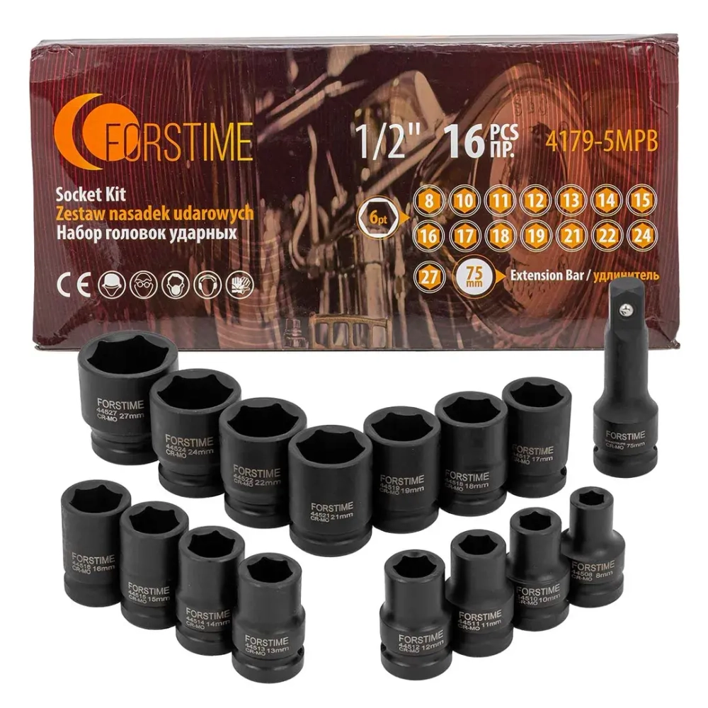 Головки ударные, набор 16пр., 1/2''(8, 10-19, 21, 22, 24, 27мм, 6гр.) FORSTIME FT-4179-5MPB