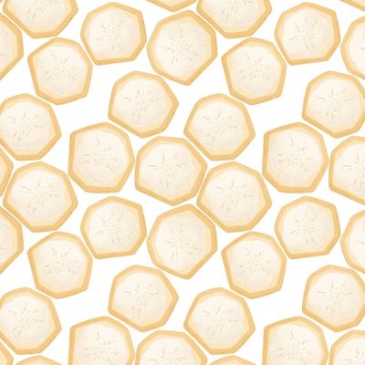 Спелый банан, кусочки банана. Сладкие фрукты. Набор ярких вкусных тропических фруктов. Банановый паттерн.