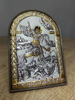 Георгий Победоносец, икона арочная, пластик коричневый 48x66