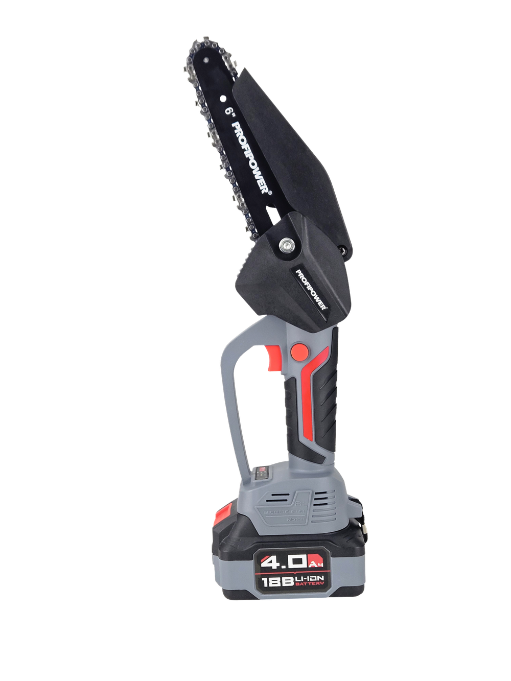 Аккумуляторная бесщеточная цепная пила PROFIPOWER MKGST-18V (18В,Li-ion-2шт, 2.0Ач, шина 6",37звеньев,2шт-цепи,0-4500 об/мин, З/У, в коробке)