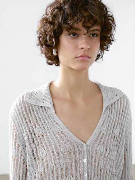 Massimo Dutti Кардиган ажурной вязки с воротником поло, дымчатый
