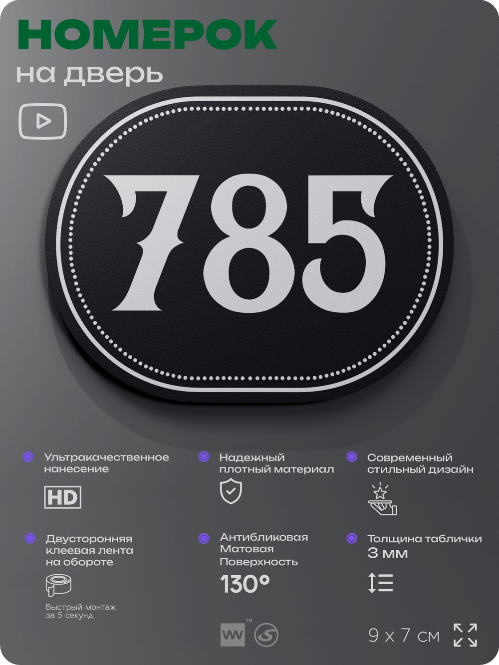 Номерок на дверь квартиры 785, для кабинета, офиса, шильдик 9 х 7 см, черный, Айдентика Технолоджи