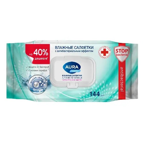 Влажные салфетки Aura Family с антибактериальным эффектом №144 клапан