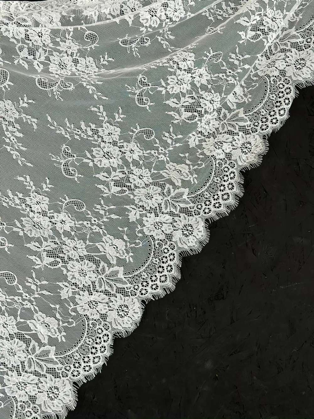 Кружево шантильи для белья теплое белое широкое неэластичное ширина 70 см купон 2,9 м